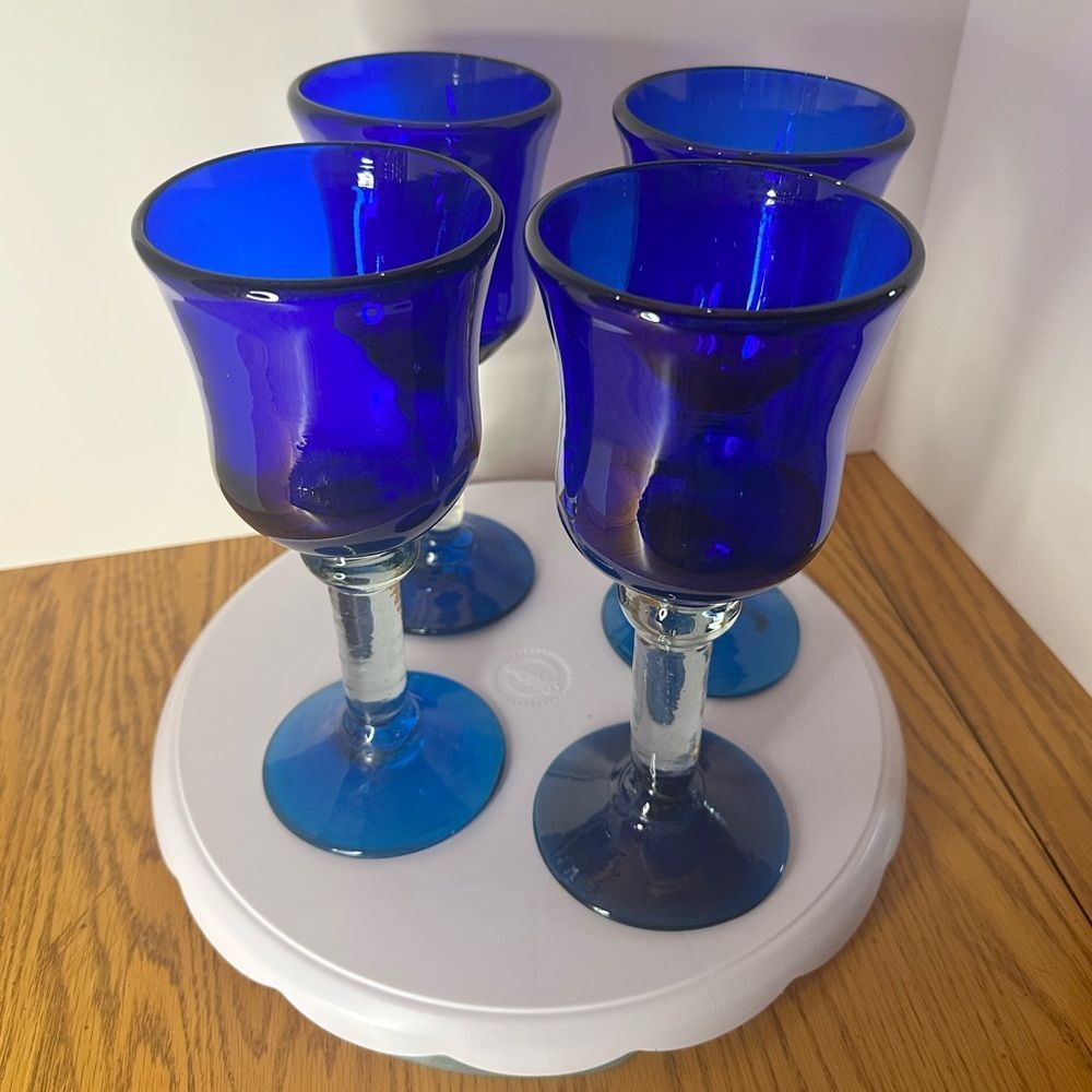 Cobalt Blue Stemware Glasses Set 🍷 Vintage Hand Blown Wine Goblets - Picture 3 of 6